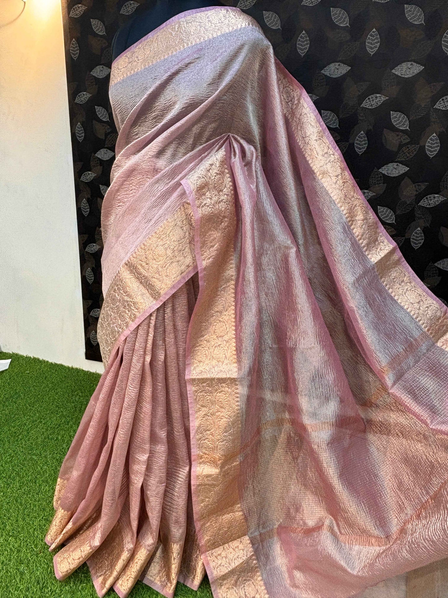 Light pink tissue Banarasi saree with gold woven pallu and lustrous sheen