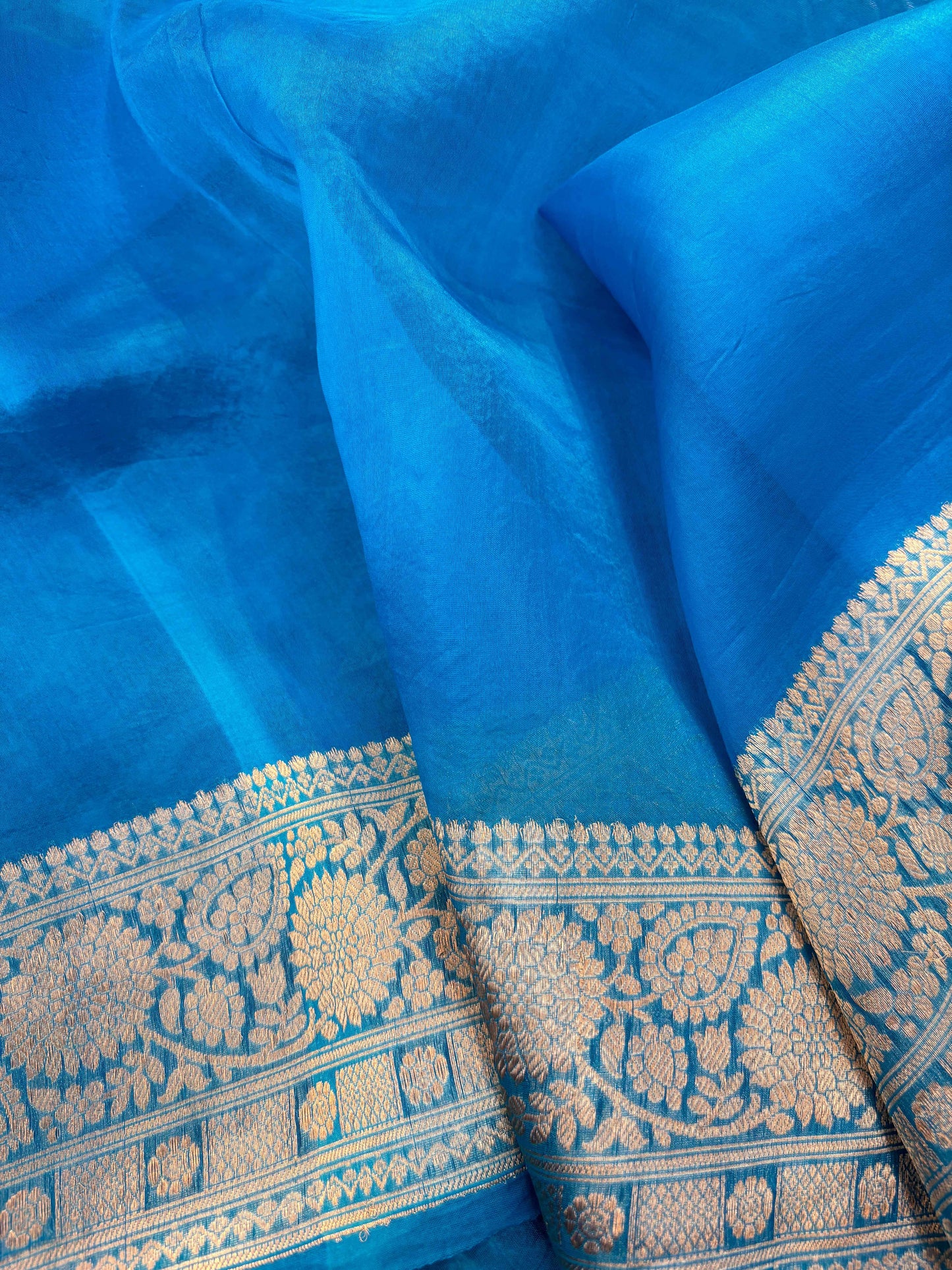 Light blue saree fabric with gold-toned woven paisley border and repeating accents