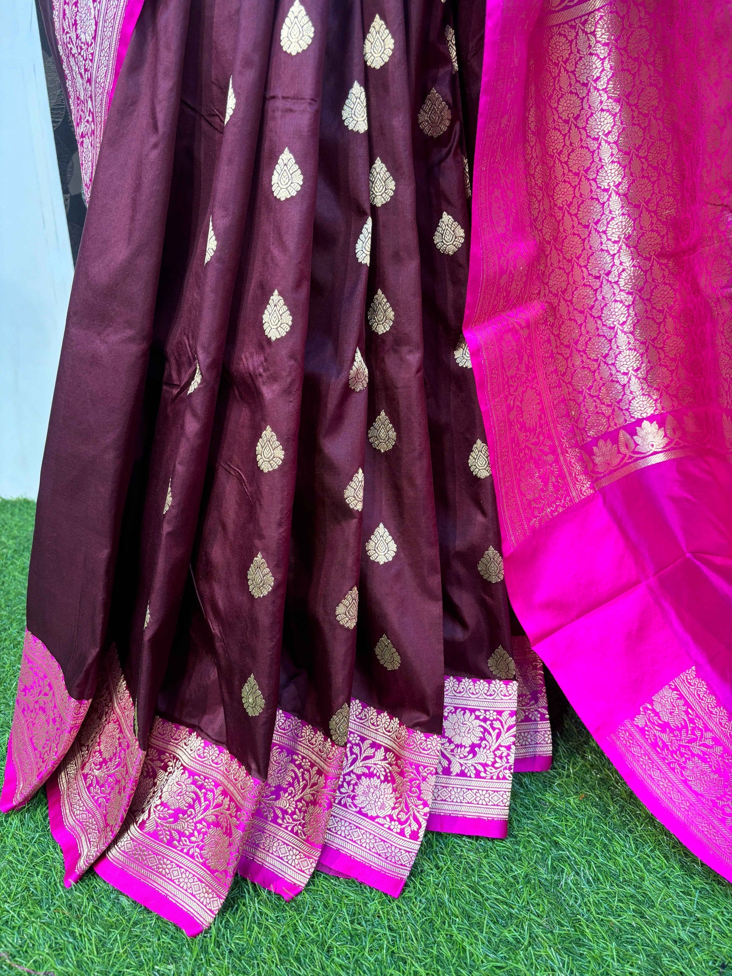 Wine maroon saree with gold buta pattern and magenta border pallu