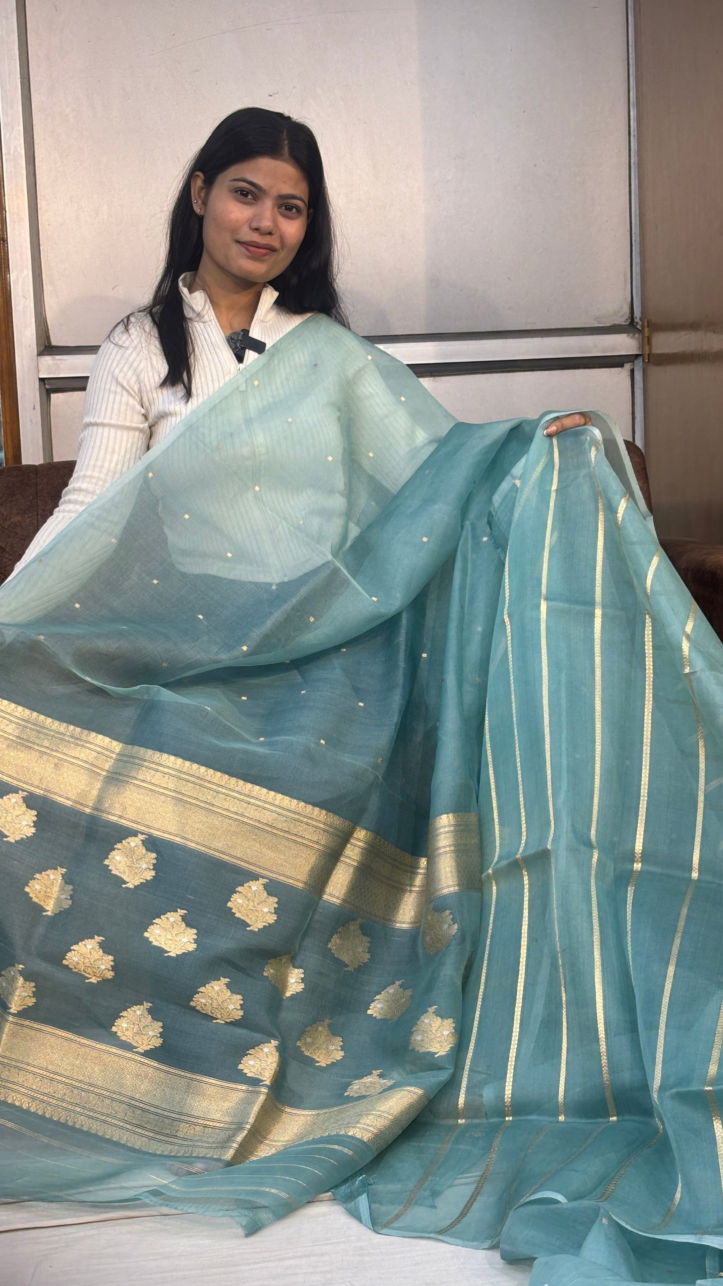 Ice-blue silk Banarasi sari with gold striped border and draped pallu, side view
