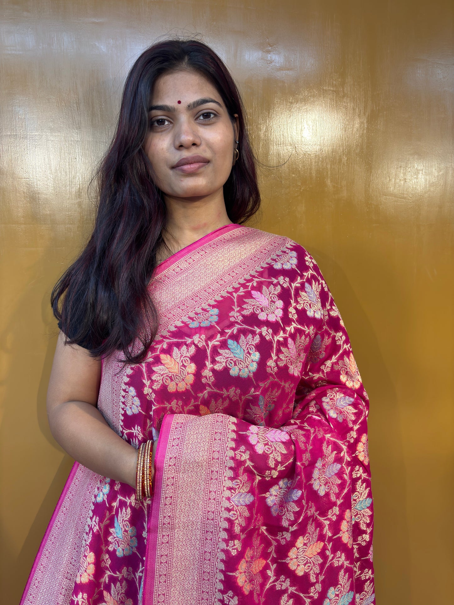 Premium Rani Pink Khaddi Georgette Banarasi Sareeย