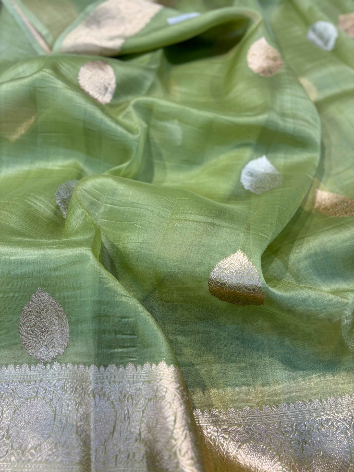 Light green saree with scattered leaf motifs and silver-toned ornate border