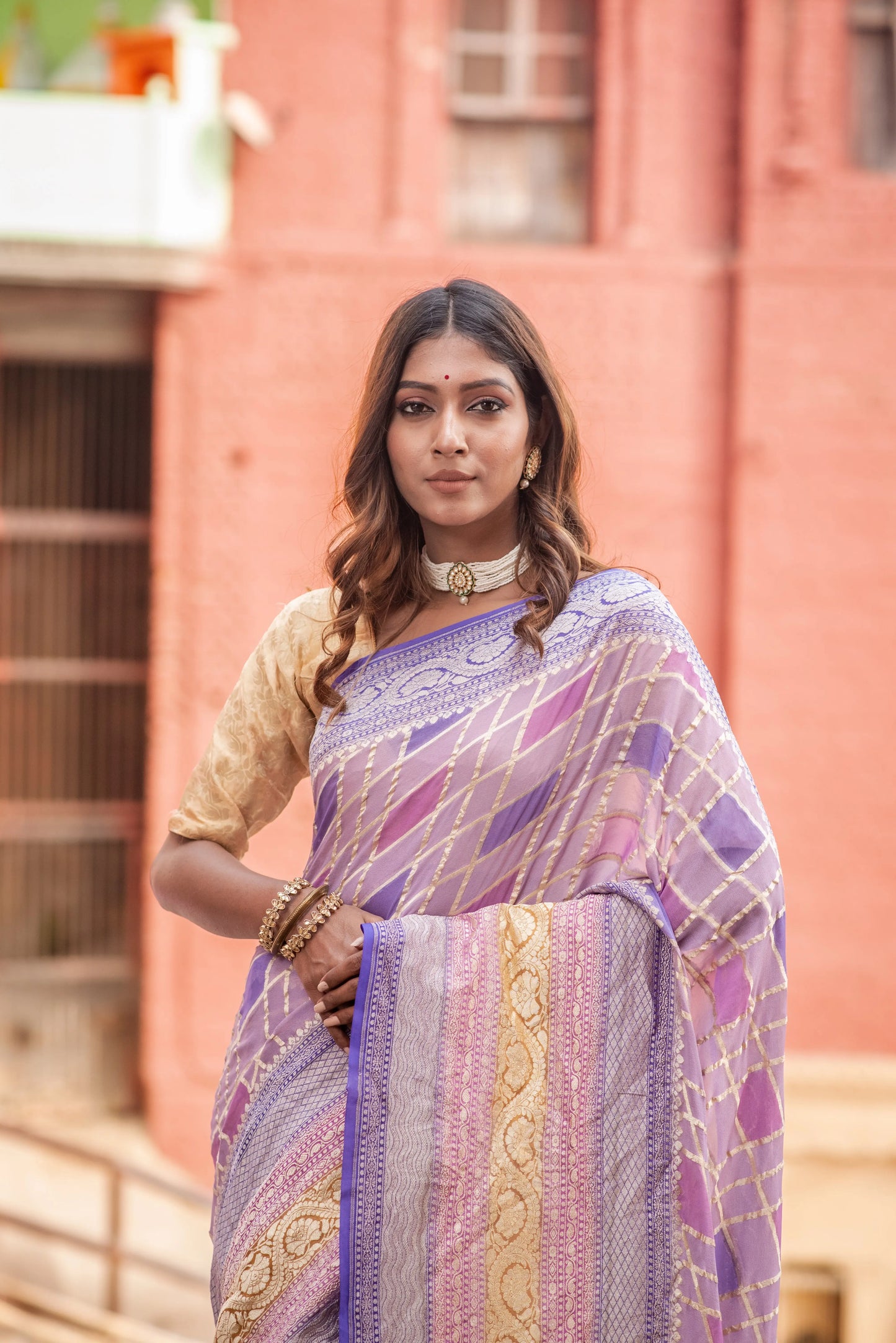 Khaddi Chiffon Chaukadi Rungkaat Handloom Banaras Saree - Rungkaat