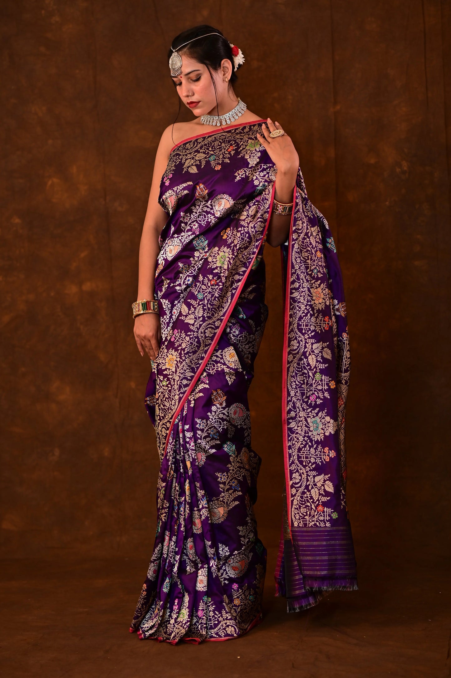 Purple Pure Katan Jangla Menakari Tilfei Banarasi Handloom Saree - Rungkaat