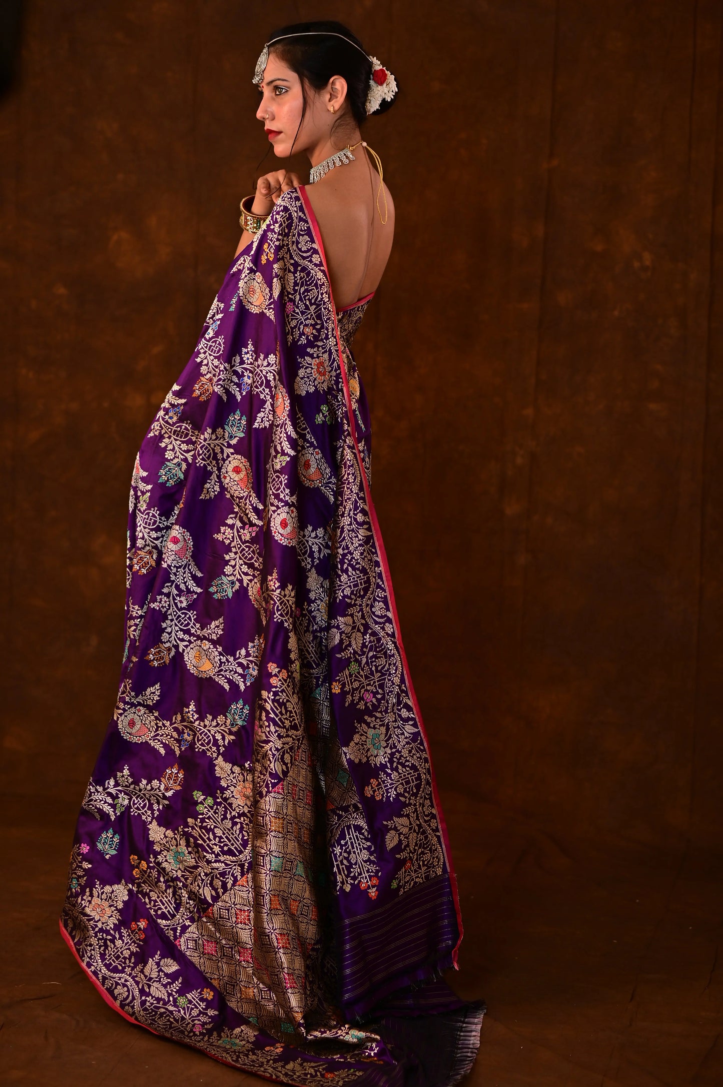 Purple Pure Katan Jangla Menakari Tilfei Banarasi Handloom Saree - Rungkaat