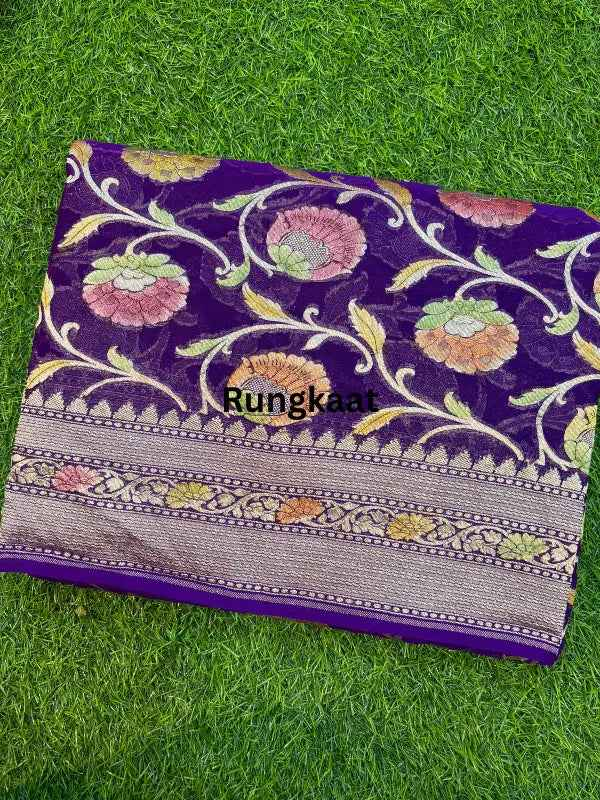 Purple georgette Banarasi saree with gold floral motifs and ornate border