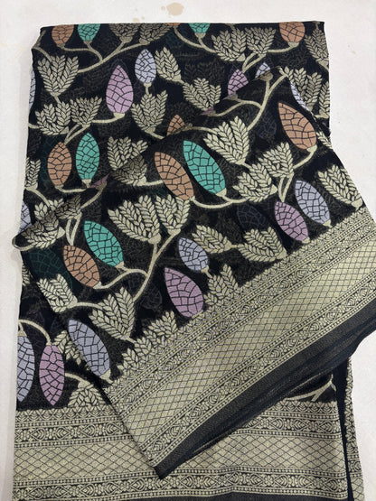 Black Semi Khaddi Georgette Banaras Sari 