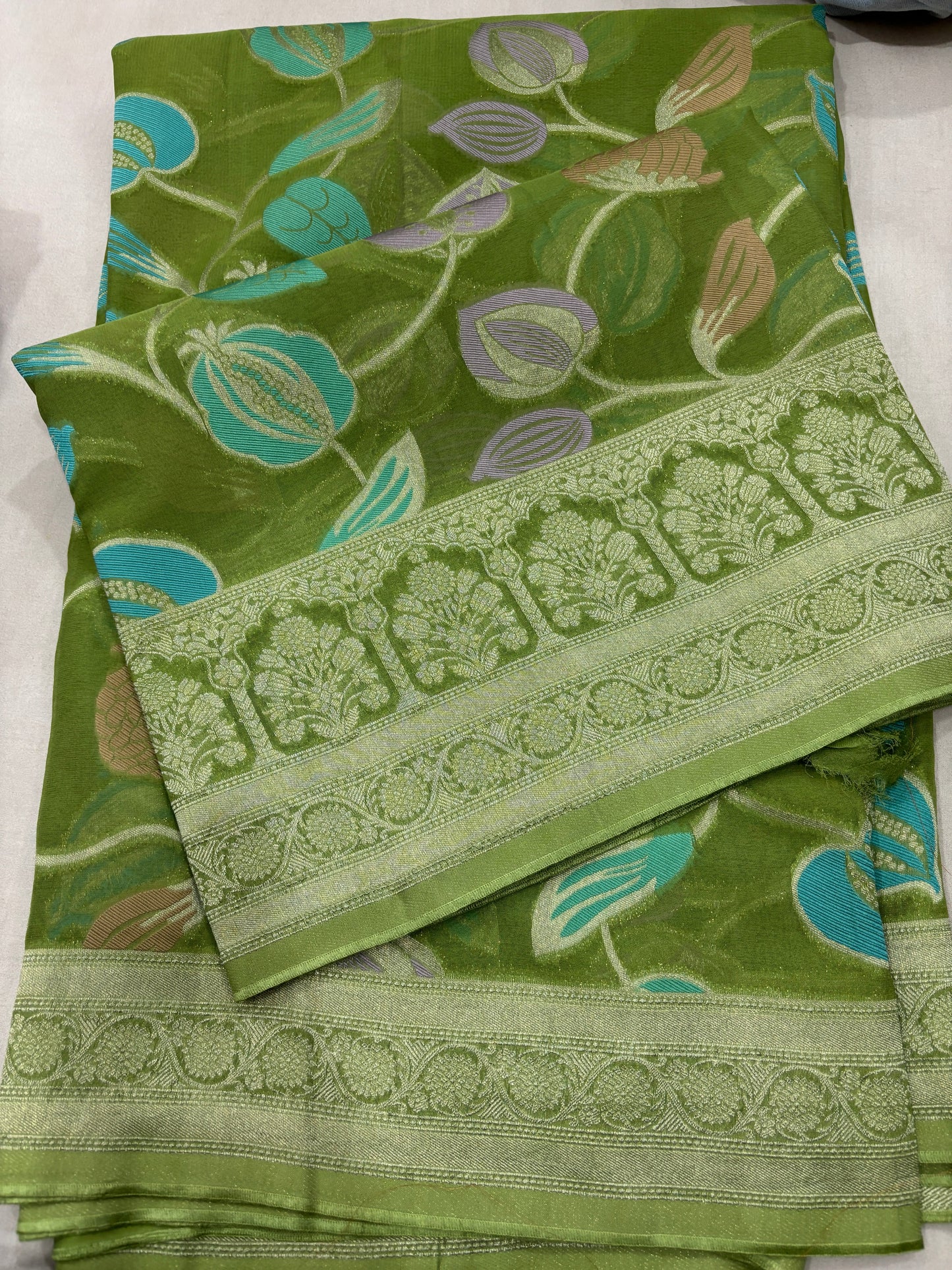 Green Semi Khaddi Georgette Banarasi Handloom Saree 