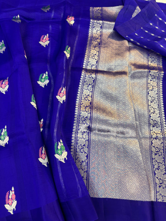 Royal blue, Pure Kora Meenakari Banarasi Handloom Saree