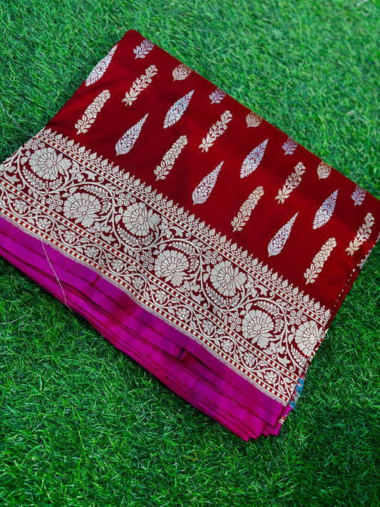 Exclusive Red pure Katan leaf boota Banarasi Handloom saree