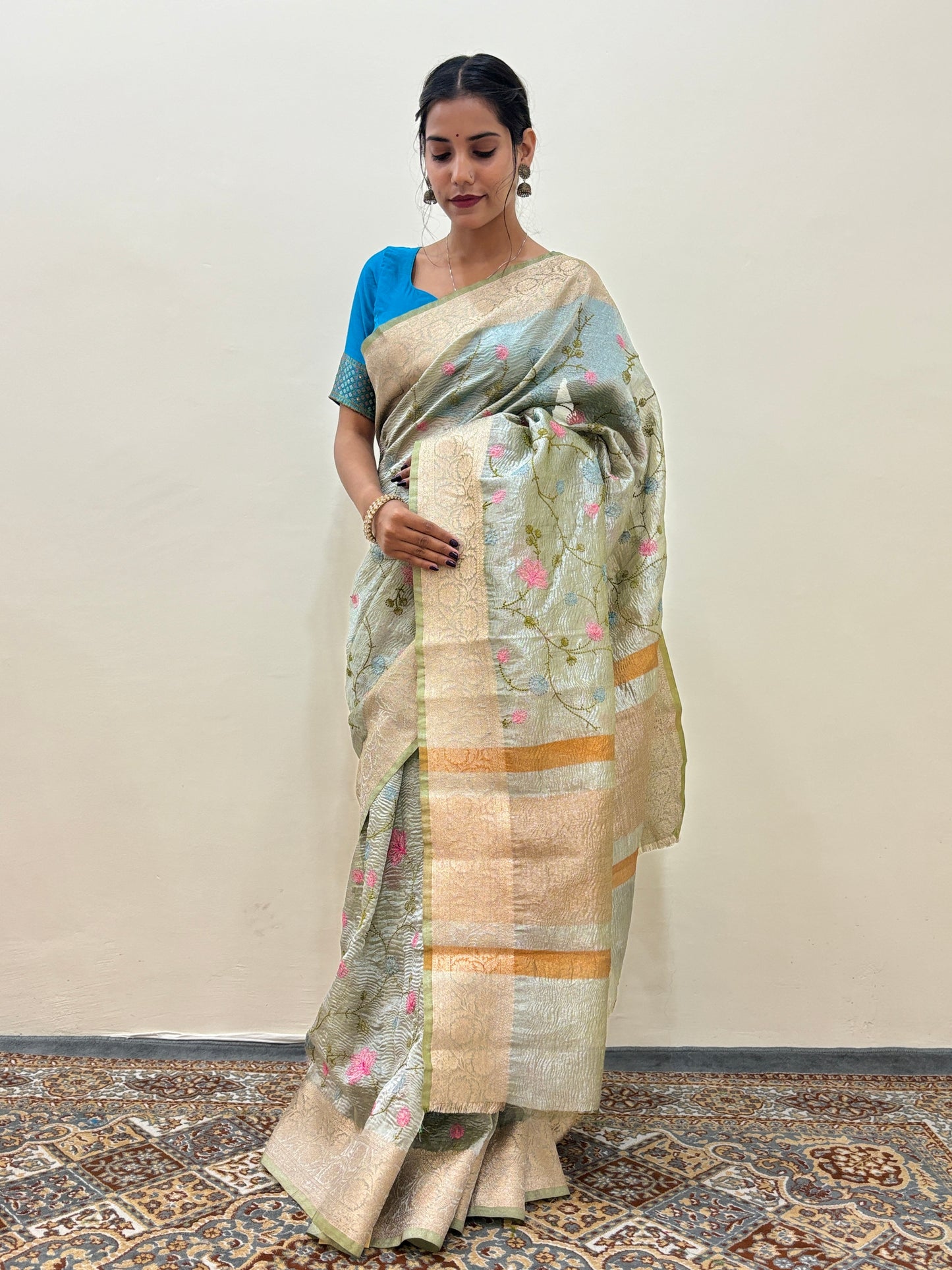 Light Green Crush Tissue With Embroidery Banarasi Handloom Saree