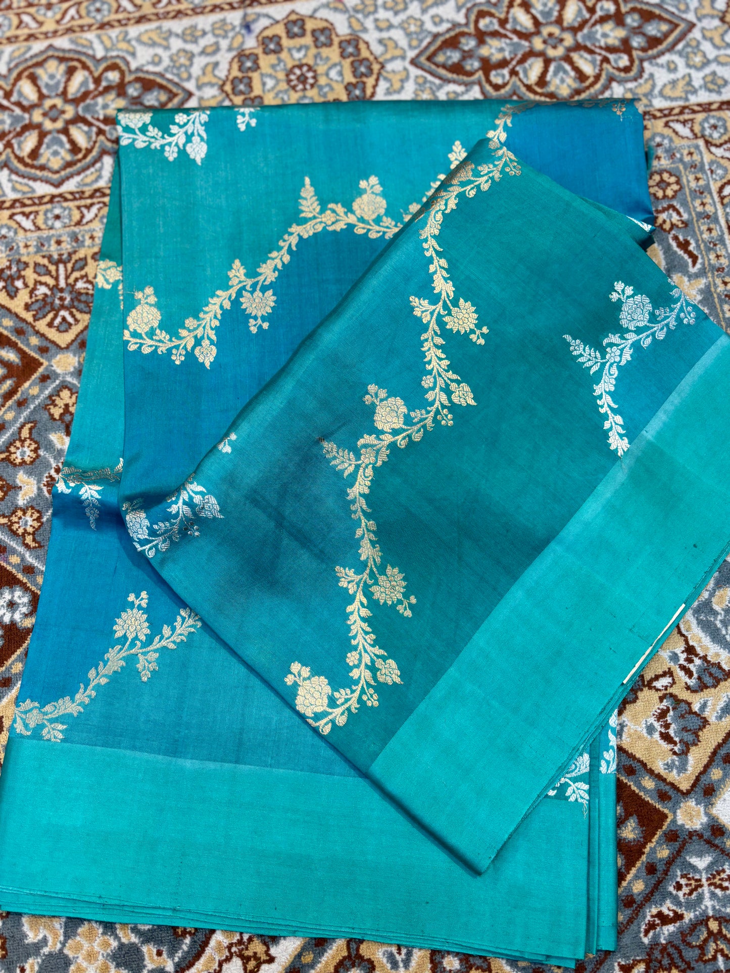 Dark Sky Blue Pure Raw Mango Rungkaat Banarasi Handloom Saree