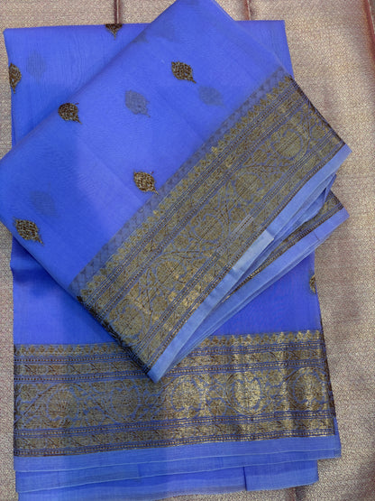 Lavender silk saree folded with gold motif repeat and gold striped border