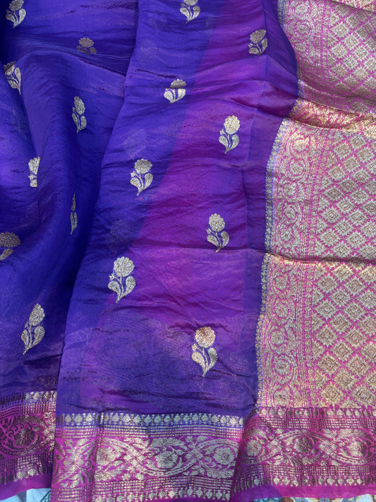 Violet Pure Kora Antique Zari Banarasi Handloom Saree 