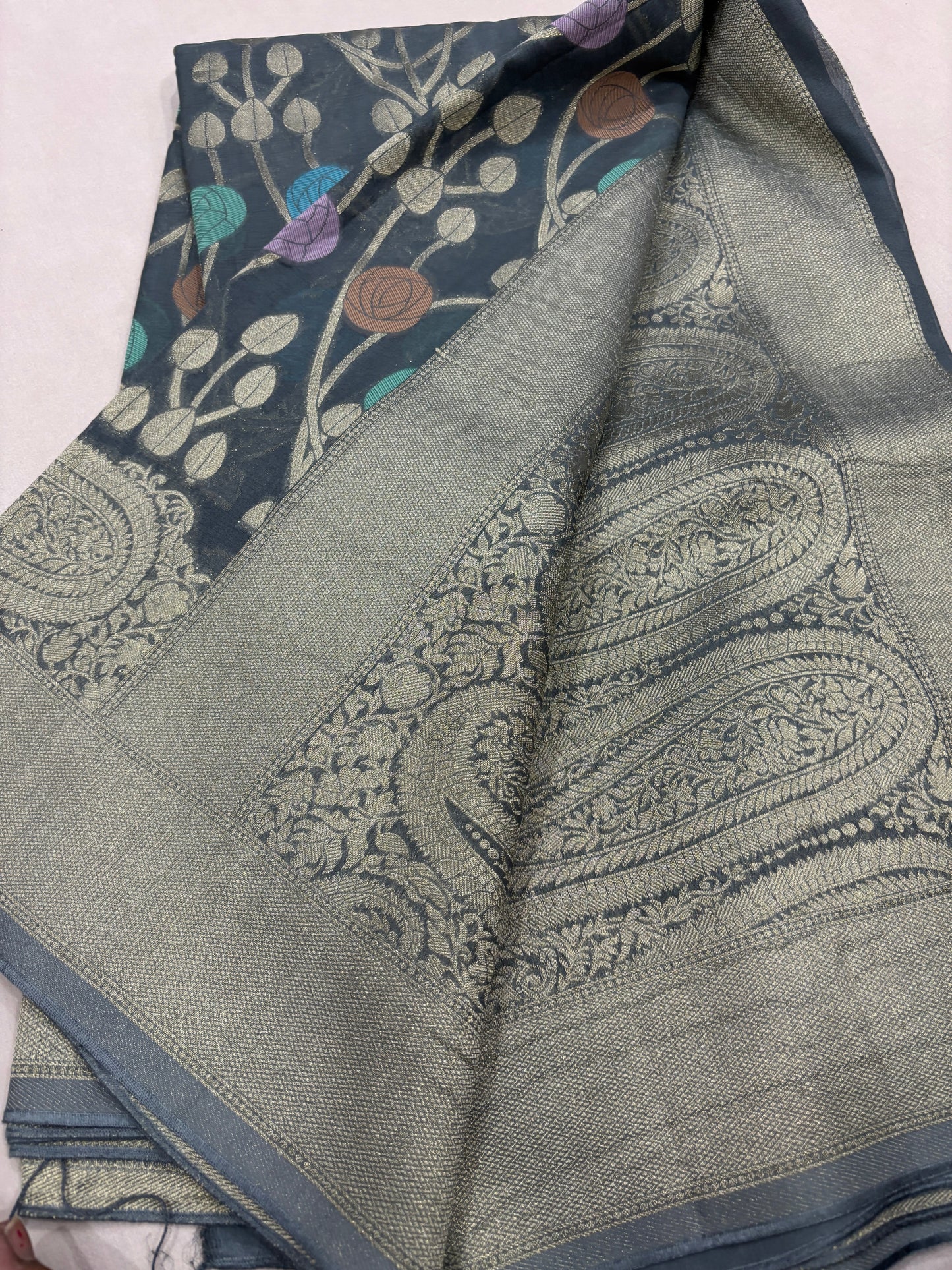 Bluish gray Semi Khaddi Georgette Banaras Sari 