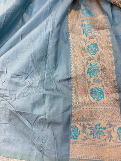 Powder blue Katan silk Banarasi handloom saree with ornate teal floral border