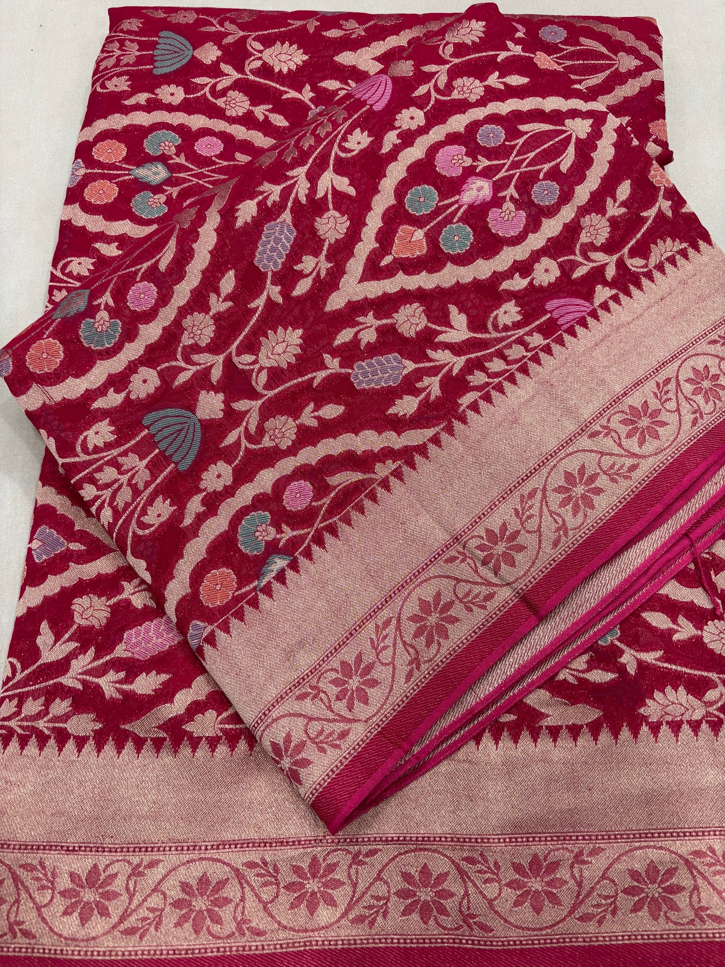 Red Semi Khaddi Georgette Banaras Sari 