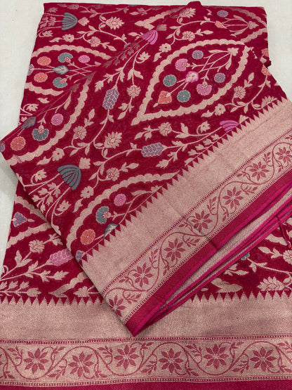 Red Semi Khaddi Georgette Banaras Sari 