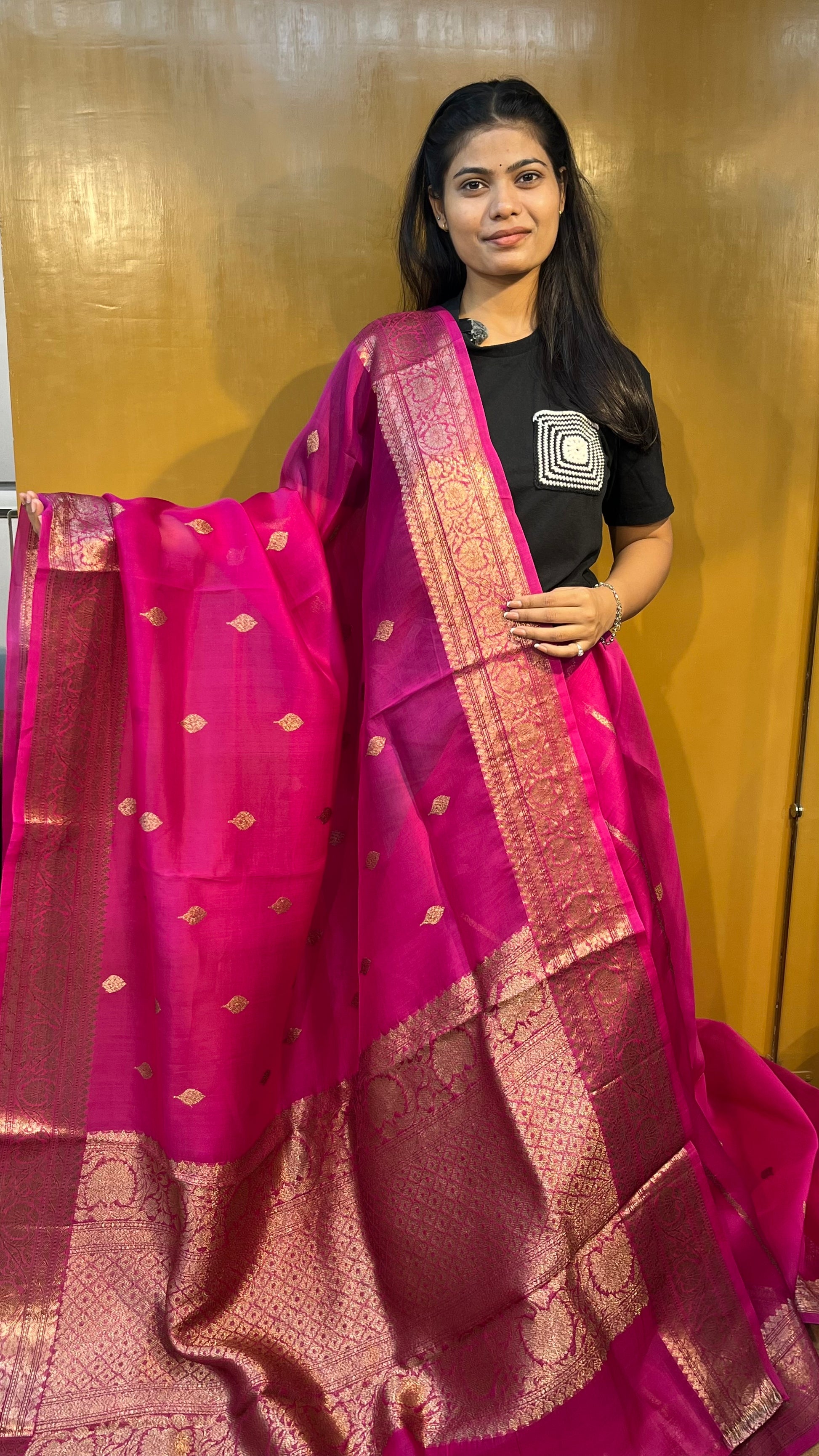 Pink Banarasi handloom saree with antique zari gold border and woven motifs