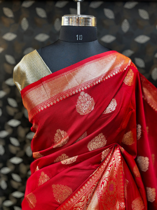 Red Semi Katan Banarasi Saree