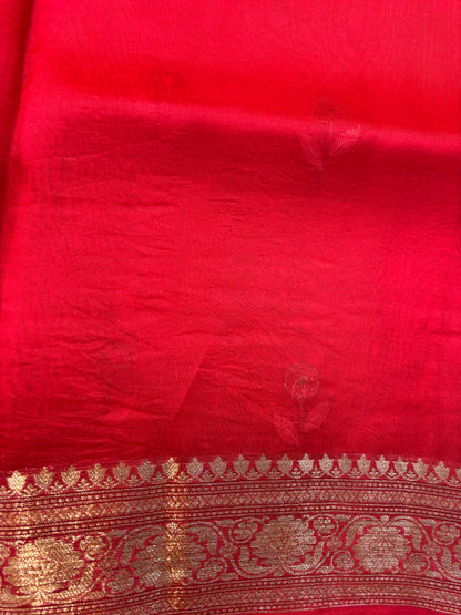 Red silk sari body with gold zari band and ornamental border, close-up