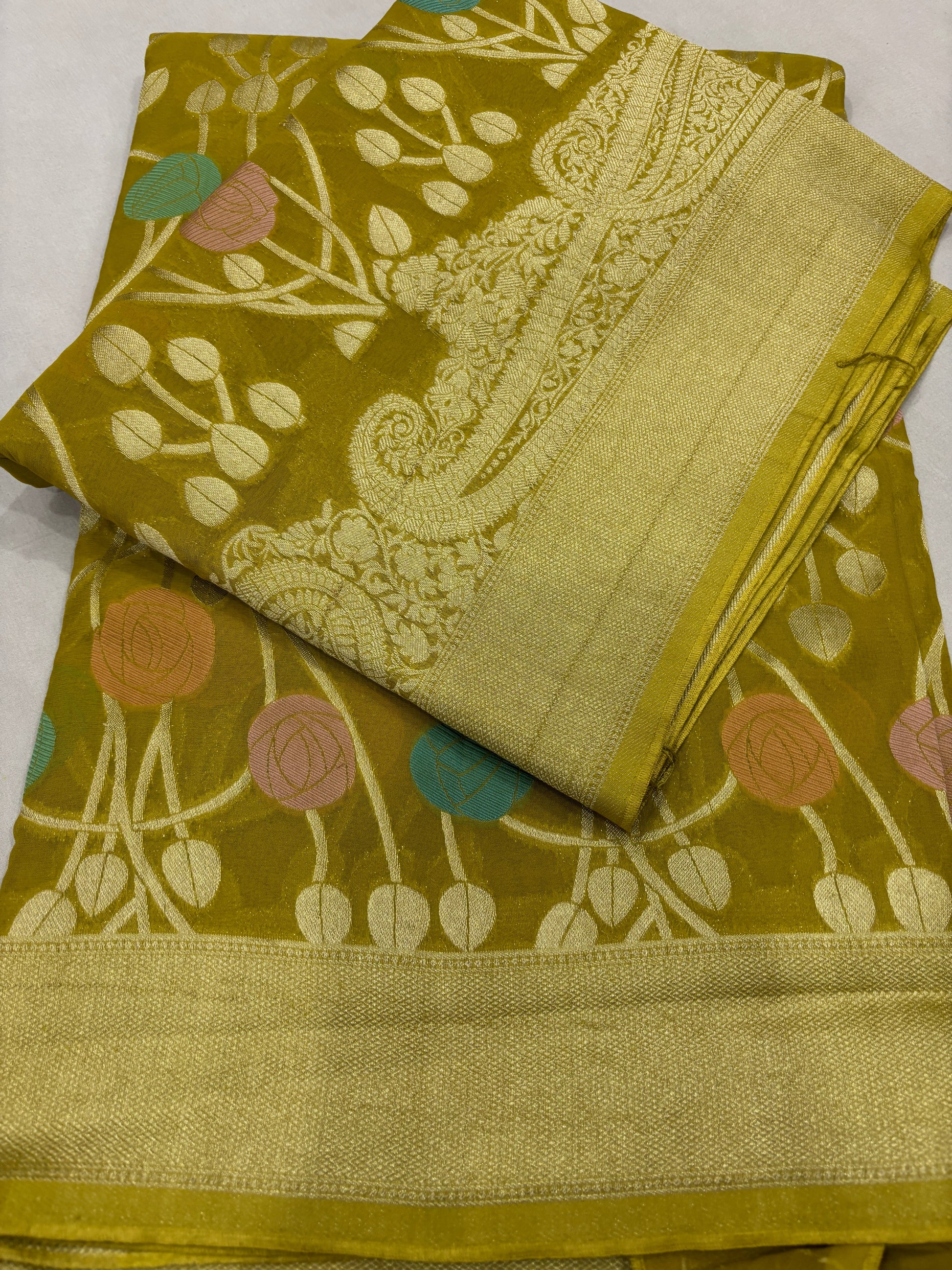 Mustered yellow Semi Khaddi Georgette Banaras Sari 