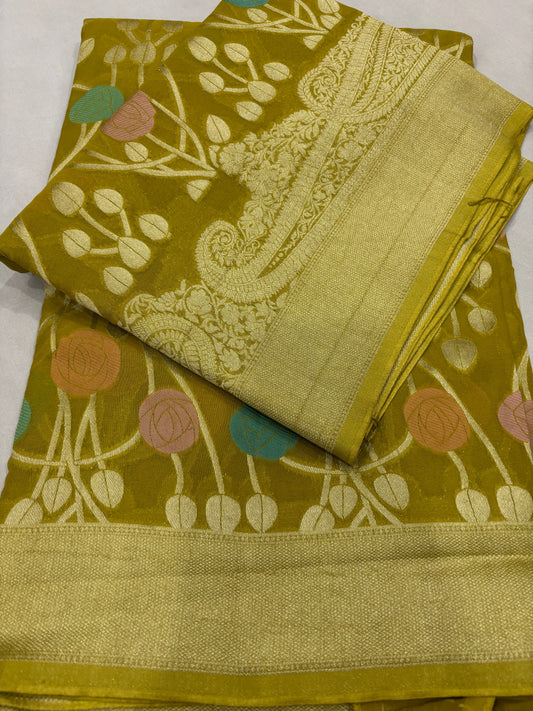 Mustered yellow Semi Khaddi Georgette Banaras Sari 