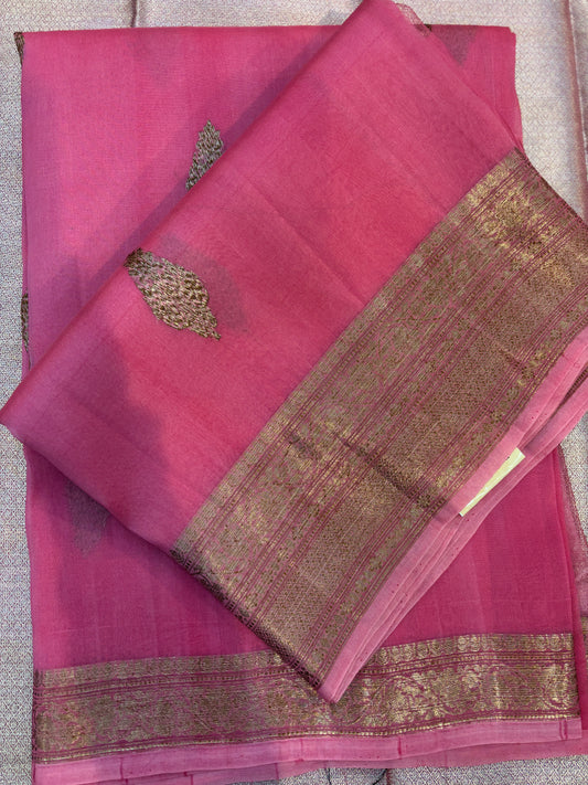 Pink Pure Kora Antique Zari Banaras Handloom Saree