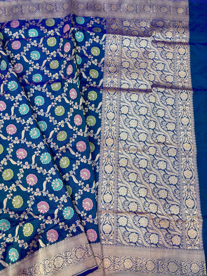 Blue pure Katan Jangla Meenakari Banaras Handloom Saree