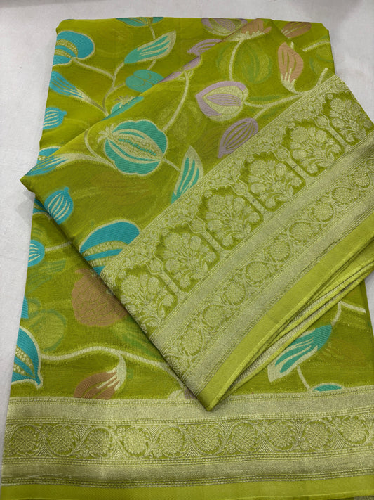 Green Semi Khaddi Georgette Banaras Sari 