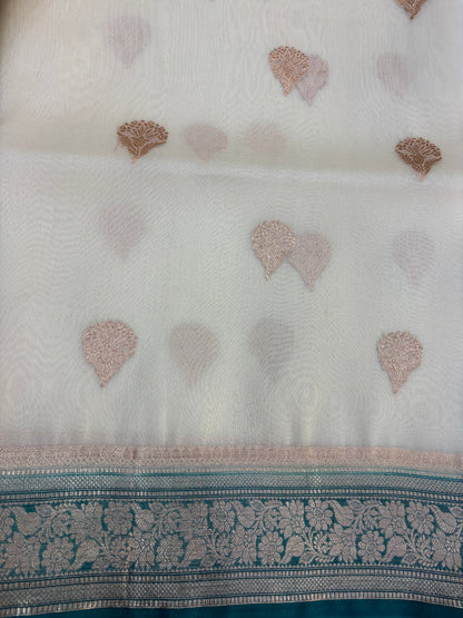 White with Blue Pure Kora Designer Banarasi Handloom Saree 