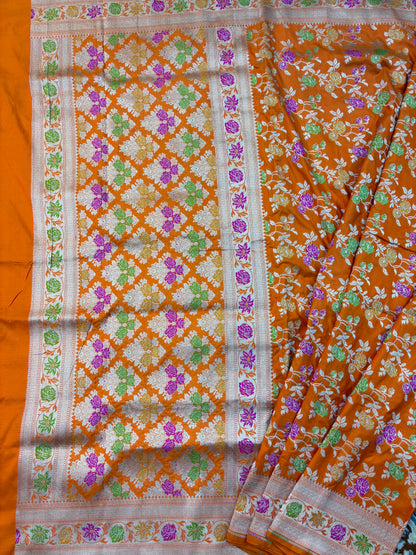 Orange Pure Katan Jangla Banarasi Handloom Saree