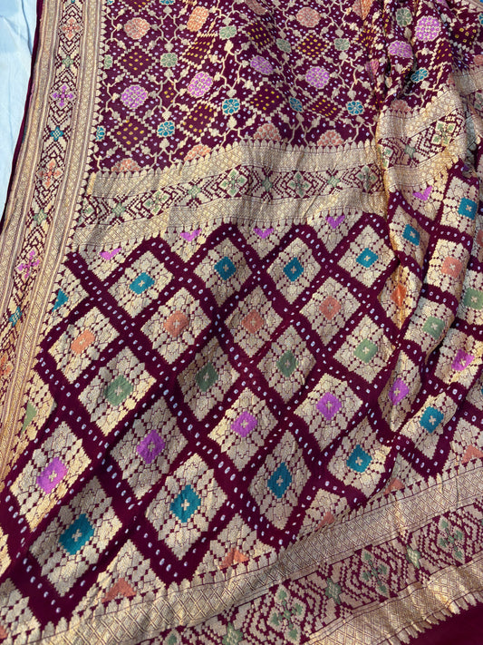 Pure Bandhej Khaddi Georgette Banarasi Handloom Saree