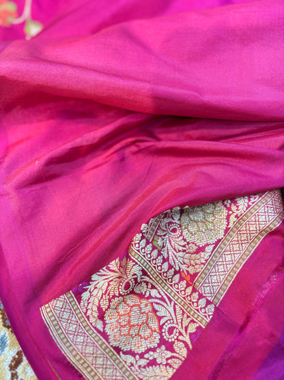 Rani Pink Pure Katan Menakari Banarasi Handloom Saree