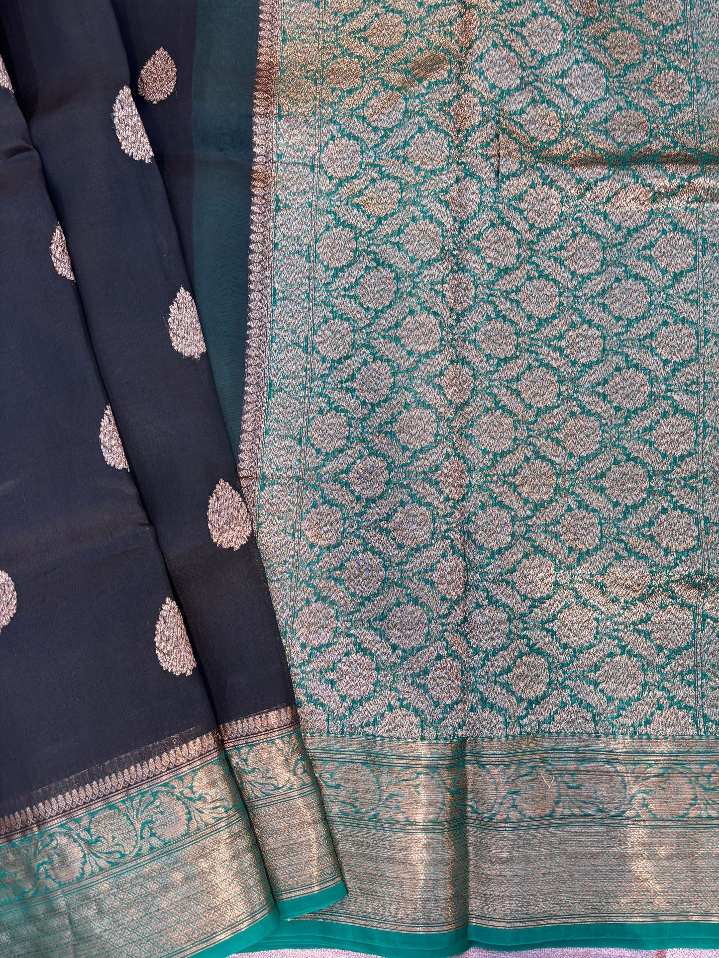 Black-Firosi Pure Kora Antique Zari Banaras Handloom Saree