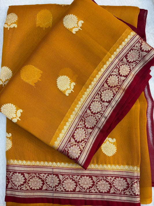 Yellow Red Pure Kora Antique Zari Banarasi Handloom Saree 
