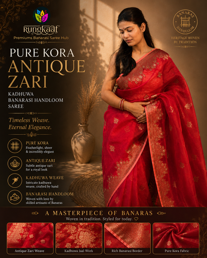 Red Pure Kora Designer Kadhuwa Banarasi Handloom Saree 