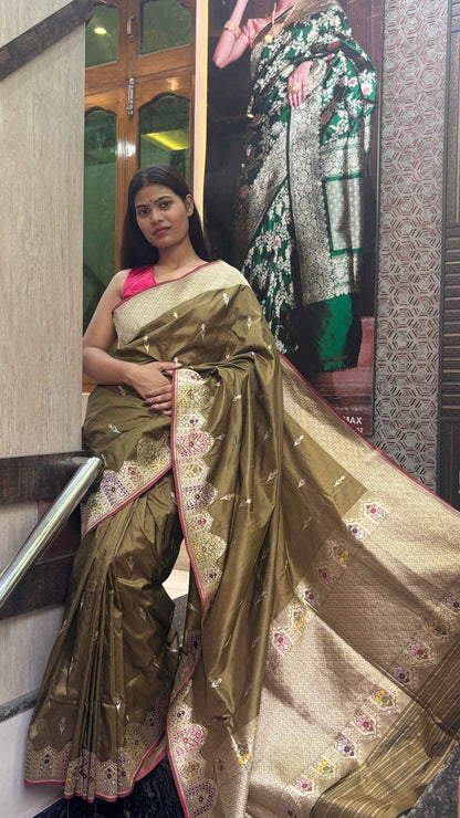 Pure Katan Booti Kadhiyal Meenakari Banarasi Handloom Sare