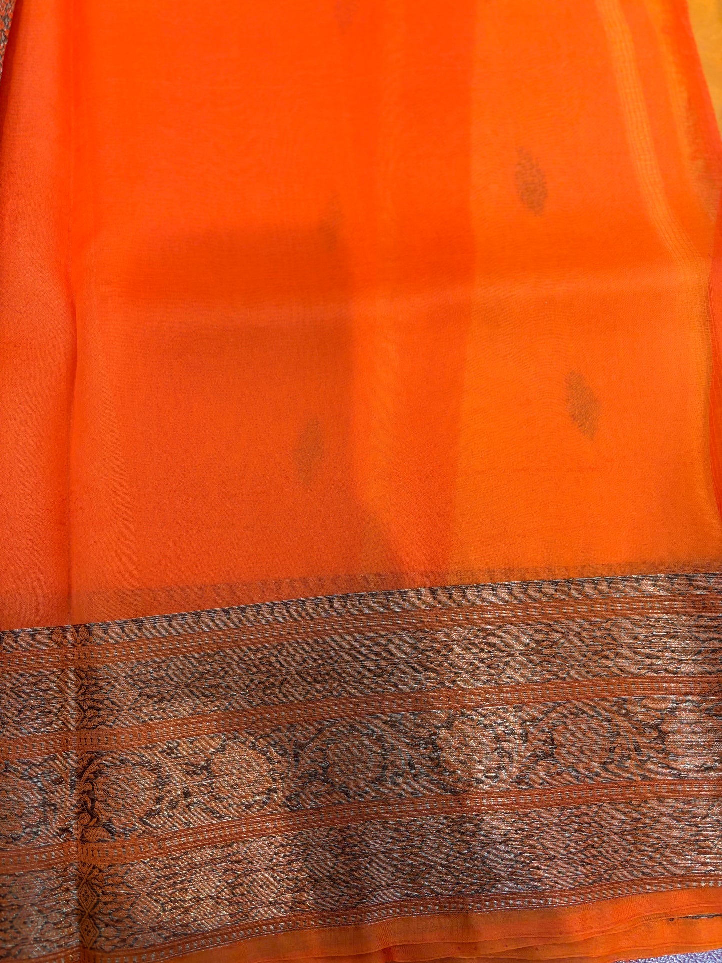 Yellow, orange, Pure Kora antique, Banarasi Handloom saree