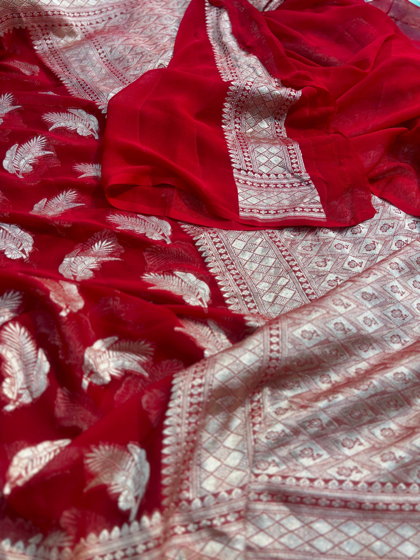 Red Pure Khaddi Georgette Leaf with Flowers Banarasi Handloom’s Saree