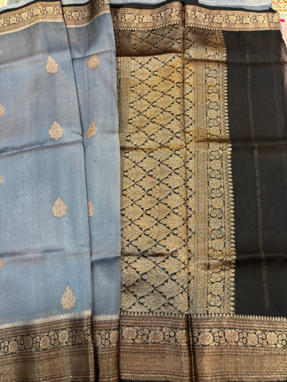 Gray-Black Pure Kora Antique Zari Banarasi Handloom Saree