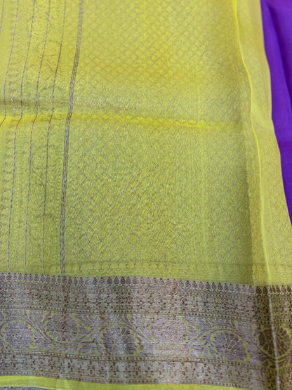 Violet with lemon, yellow, pure Kora antique Zari Banarasi Handloom Saari