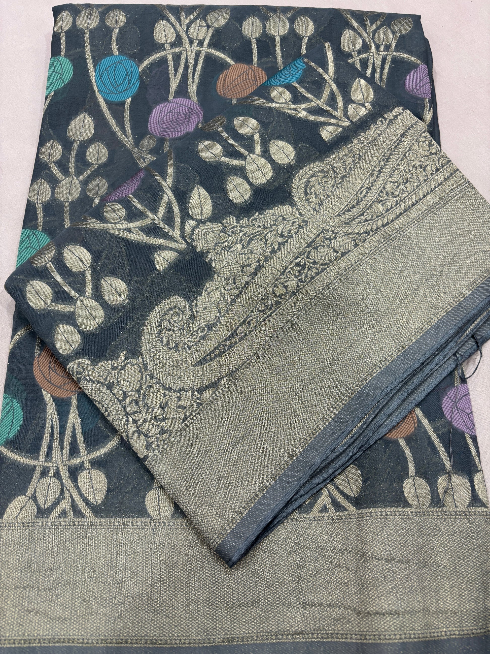 Bluish gray Semi Khaddi Georgette Banaras Sari 