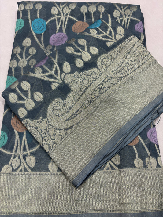 Bluish gray Semi Khaddi Georgette Banaras Sari 