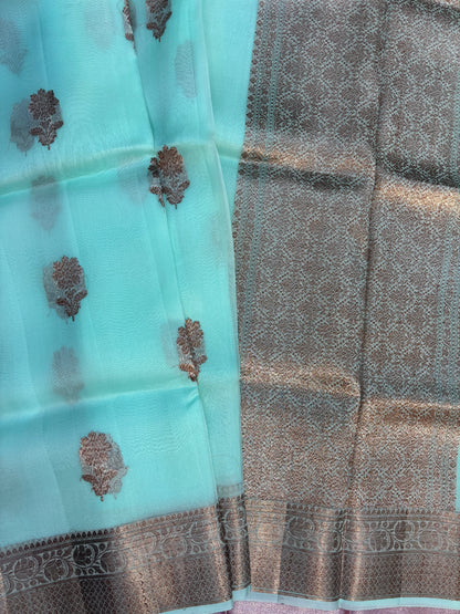 Light Firozi Pure Kora Antique Zari Banarasi Handloom Saree