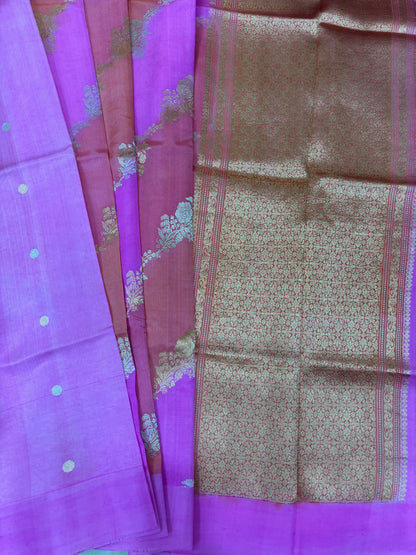 Purple silk saree with gold motifs and contrast patterned pallu