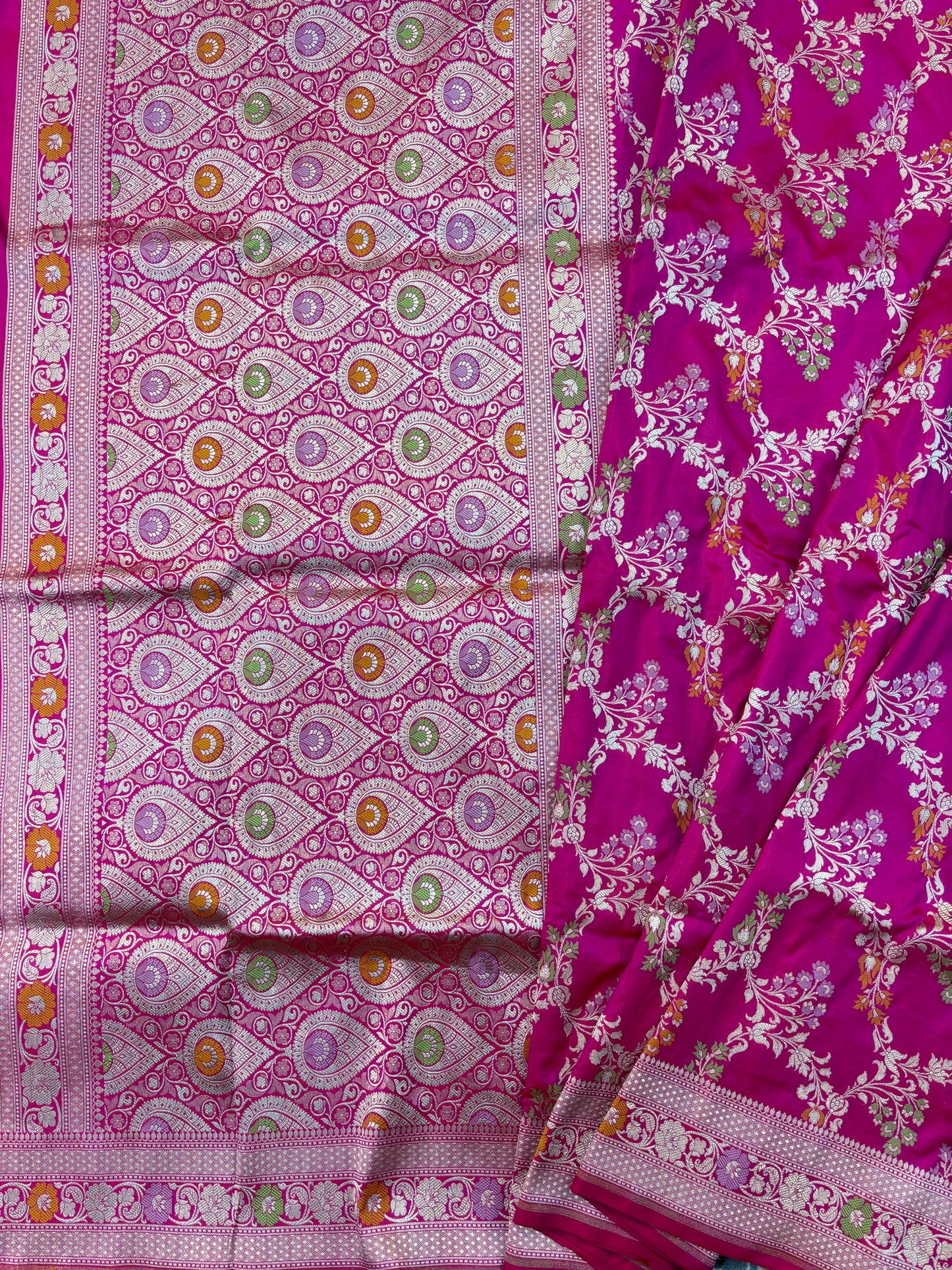 Rani pink pure Katan Jangla Meenakari Banarasi Handloom Saree