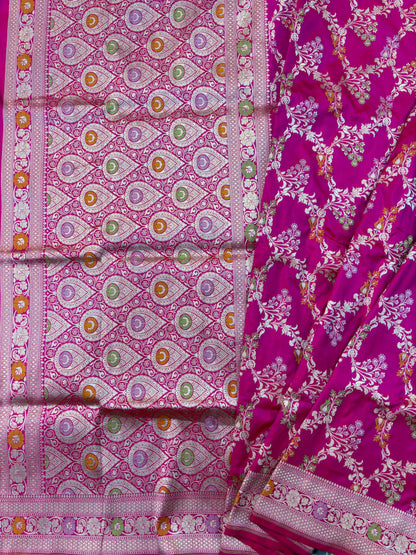 Rani pink pure Katan Jangla Meenakari Banarasi Handloom Saree