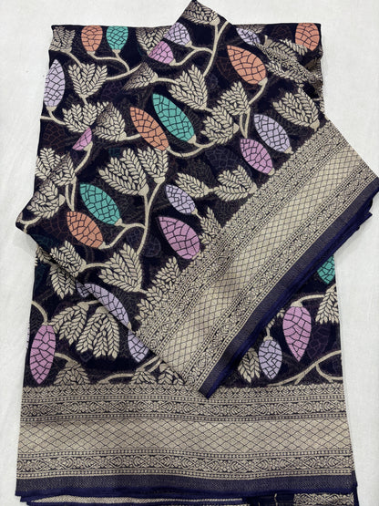 Royal Blue Semi Khaddi Georgette Banaras Sari 