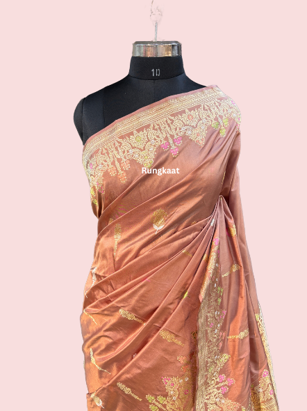 Peach Pure Katan Kadhiyal Belbooti Banarasi Handloom Saree